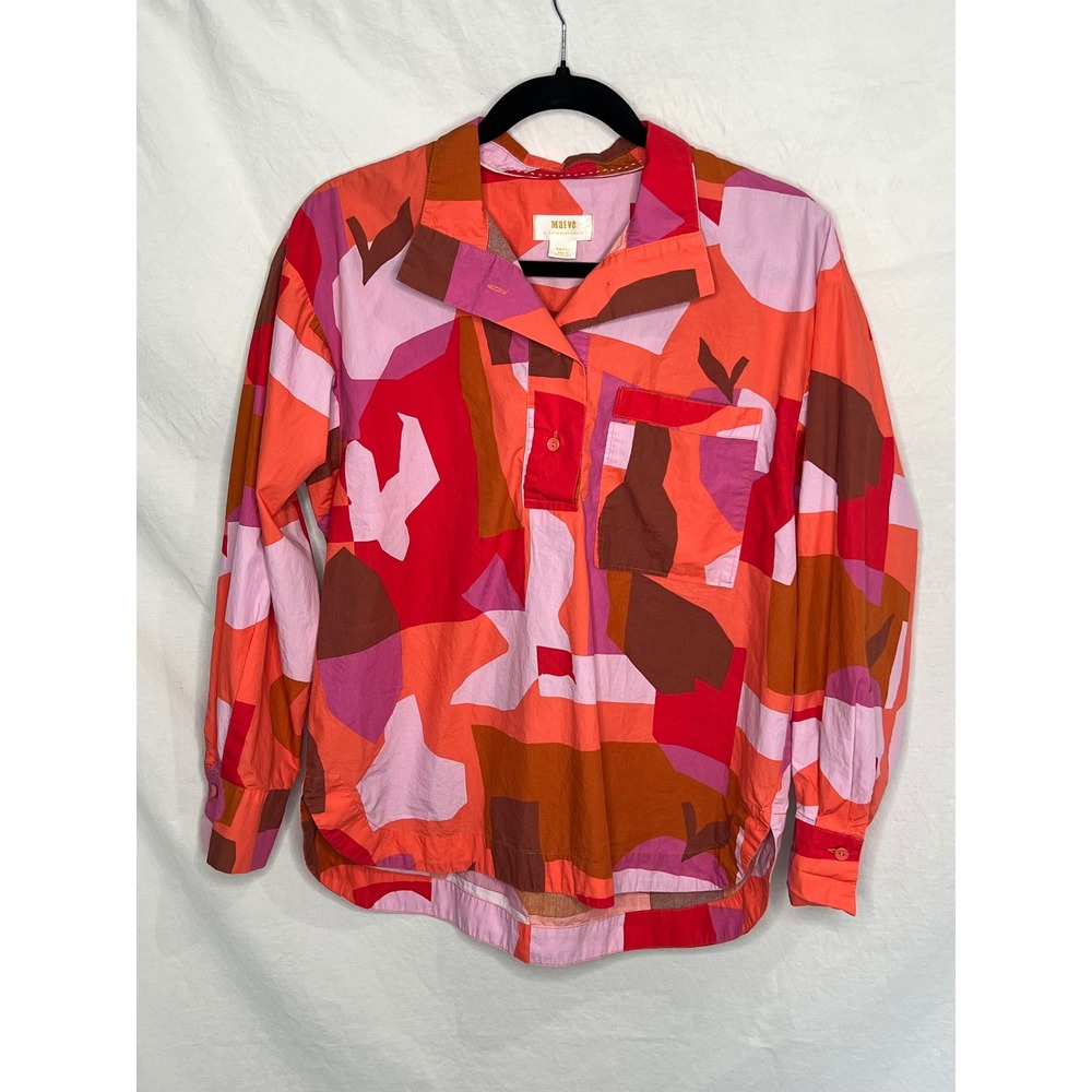 Anthropologie Maeve Breezy Popover Blouse S Cotton Long Slv Geometric Red Pink - Picture 4 of 13